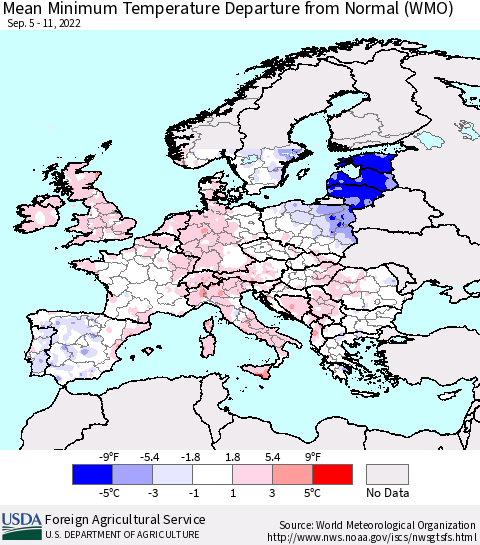 Europe Mean Minimum Temperature Departure from Normal (WMO) Thematic Map For 9/5/2022 - 9/11/2022