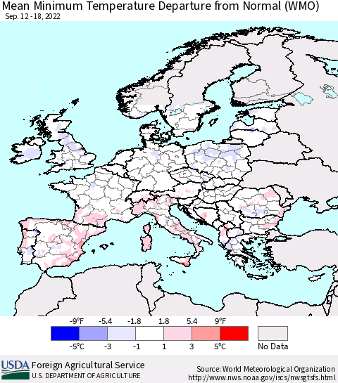Europe Mean Minimum Temperature Departure from Normal (WMO) Thematic Map For 9/12/2022 - 9/18/2022