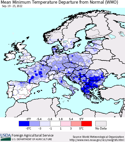 Europe Mean Minimum Temperature Departure from Normal (WMO) Thematic Map For 9/19/2022 - 9/25/2022
