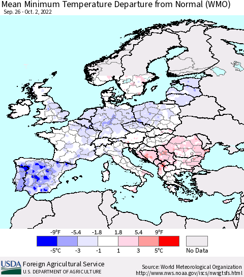Europe Mean Minimum Temperature Departure from Normal (WMO) Thematic Map For 9/26/2022 - 10/2/2022