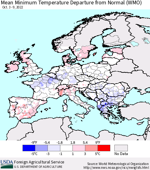 Europe Mean Minimum Temperature Departure from Normal (WMO) Thematic Map For 10/3/2022 - 10/9/2022