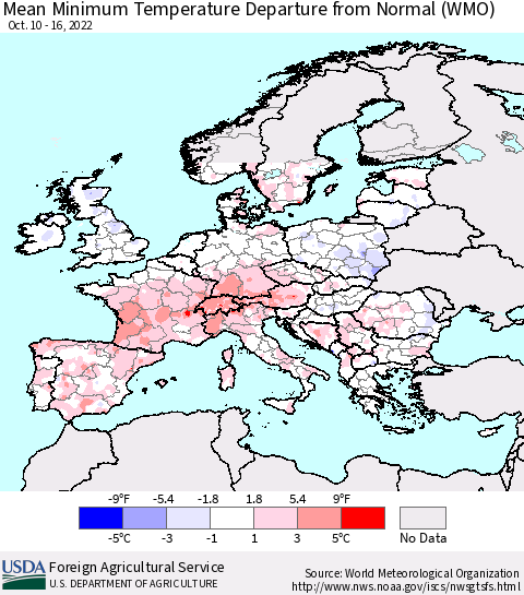 Europe Mean Minimum Temperature Departure from Normal (WMO) Thematic Map For 10/10/2022 - 10/16/2022