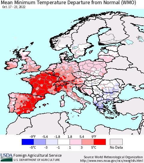 Europe Mean Minimum Temperature Departure from Normal (WMO) Thematic Map For 10/17/2022 - 10/23/2022