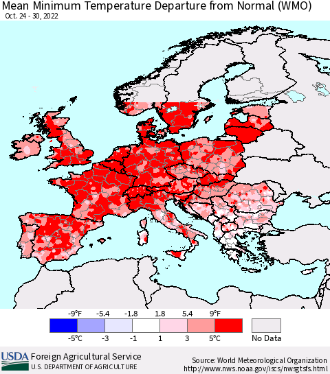 Europe Mean Minimum Temperature Departure from Normal (WMO) Thematic Map For 10/24/2022 - 10/30/2022