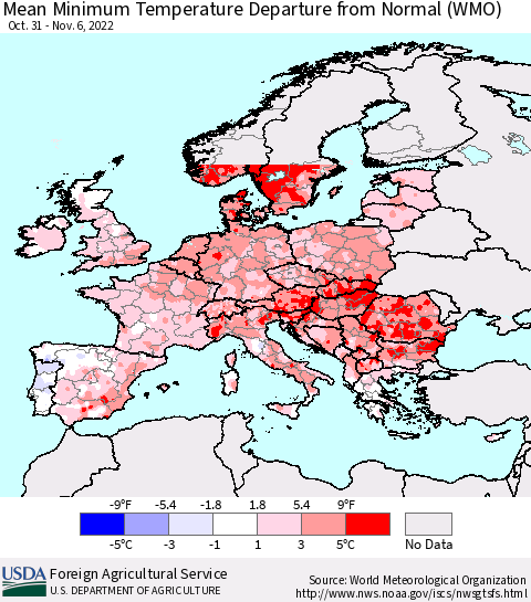 Europe Mean Minimum Temperature Departure from Normal (WMO) Thematic Map For 10/31/2022 - 11/6/2022