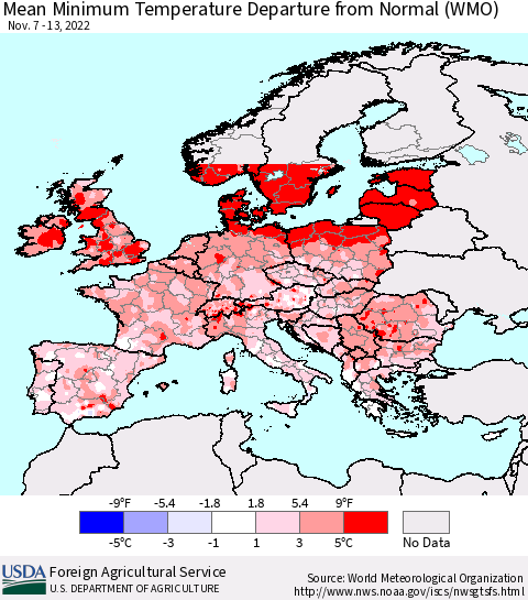 Europe Mean Minimum Temperature Departure from Normal (WMO) Thematic Map For 11/7/2022 - 11/13/2022