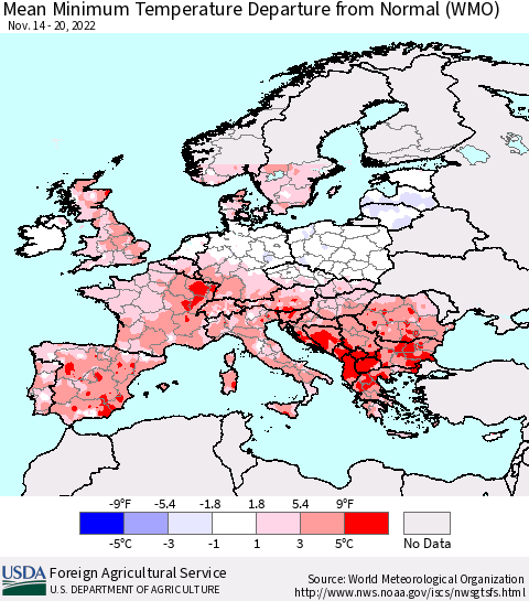 Europe Mean Minimum Temperature Departure from Normal (WMO) Thematic Map For 11/14/2022 - 11/20/2022