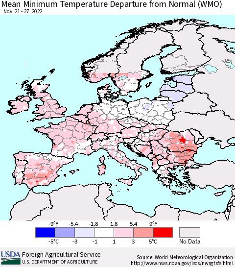 Europe Mean Minimum Temperature Departure from Normal (WMO) Thematic Map For 11/21/2022 - 11/27/2022