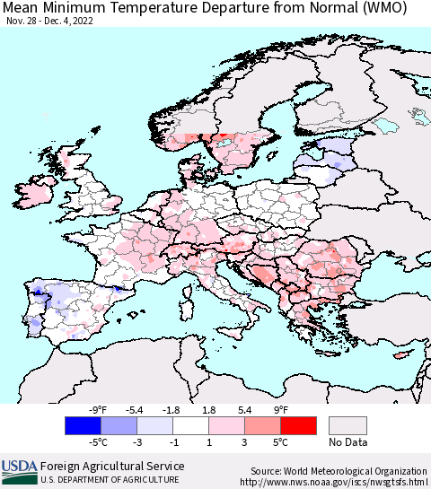 Europe Mean Minimum Temperature Departure from Normal (WMO) Thematic Map For 11/28/2022 - 12/4/2022