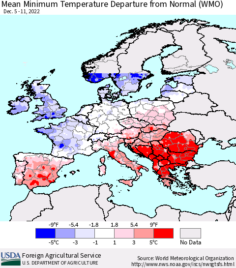 Europe Mean Minimum Temperature Departure from Normal (WMO) Thematic Map For 12/5/2022 - 12/11/2022