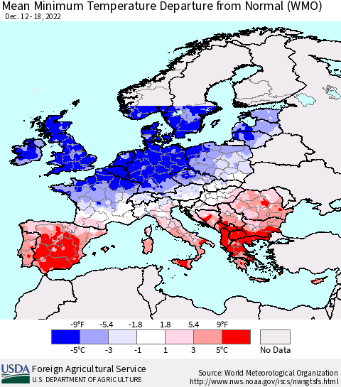 Europe Mean Minimum Temperature Departure from Normal (WMO) Thematic Map For 12/12/2022 - 12/18/2022