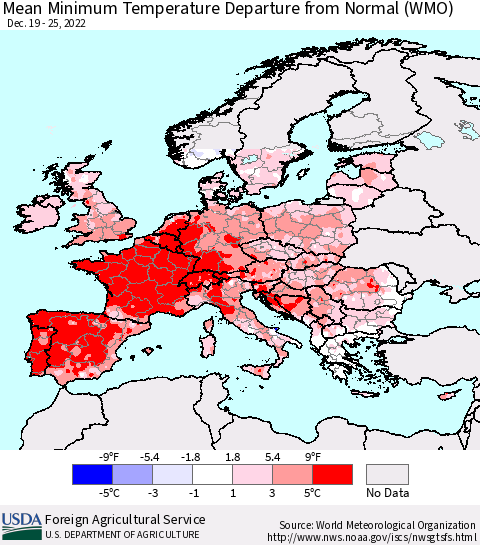 Europe Mean Minimum Temperature Departure from Normal (WMO) Thematic Map For 12/19/2022 - 12/25/2022