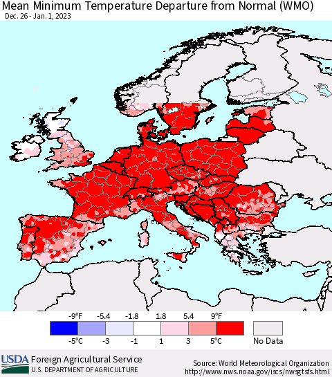 Europe Mean Minimum Temperature Departure from Normal (WMO) Thematic Map For 12/26/2022 - 1/1/2023