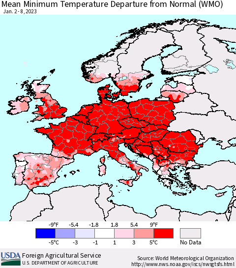 Europe Mean Minimum Temperature Departure from Normal (WMO) Thematic Map For 1/2/2023 - 1/8/2023