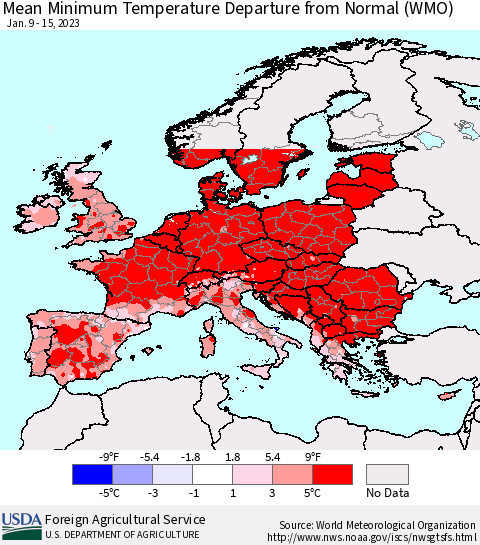 Europe Mean Minimum Temperature Departure from Normal (WMO) Thematic Map For 1/9/2023 - 1/15/2023