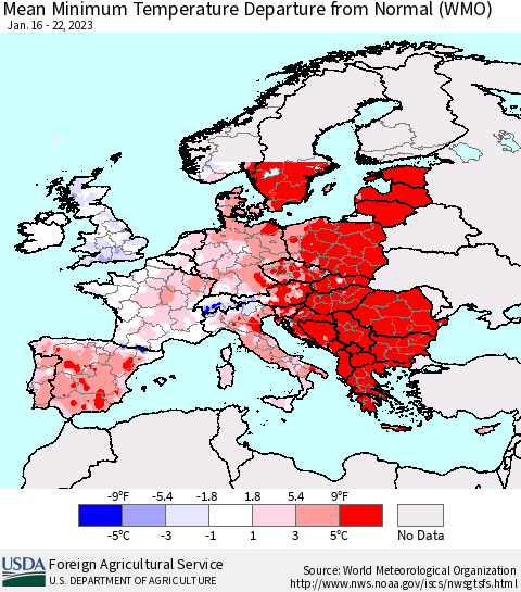 Europe Mean Minimum Temperature Departure from Normal (WMO) Thematic Map For 1/16/2023 - 1/22/2023