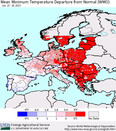 Europe Mean Minimum Temperature Departure from Normal (WMO) Thematic Map For 1/23/2023 - 1/29/2023