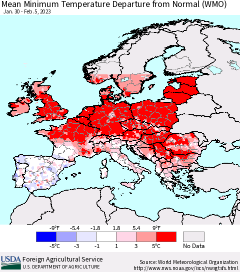 Europe Mean Minimum Temperature Departure from Normal (WMO) Thematic Map For 1/30/2023 - 2/5/2023