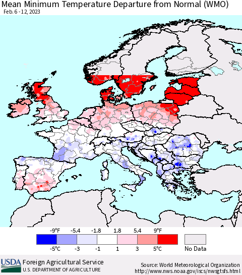 Europe Mean Minimum Temperature Departure from Normal (WMO) Thematic Map For 2/6/2023 - 2/12/2023