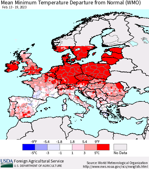 Europe Mean Minimum Temperature Departure from Normal (WMO) Thematic Map For 2/13/2023 - 2/19/2023