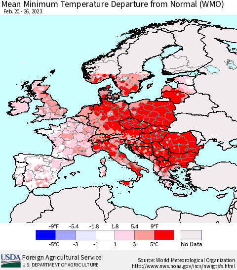 Europe Mean Minimum Temperature Departure from Normal (WMO) Thematic Map For 2/20/2023 - 2/26/2023