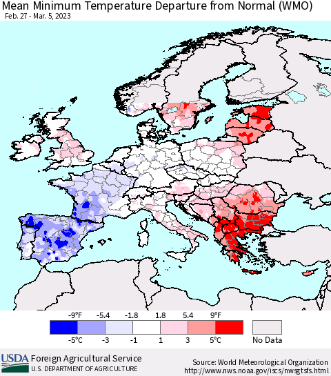 Europe Mean Minimum Temperature Departure from Normal (WMO) Thematic Map For 2/27/2023 - 3/5/2023