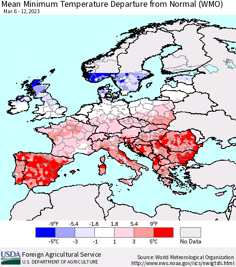 Europe Mean Minimum Temperature Departure from Normal (WMO) Thematic Map For 3/6/2023 - 3/12/2023
