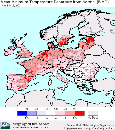 Europe Mean Minimum Temperature Departure from Normal (WMO) Thematic Map For 3/13/2023 - 3/19/2023