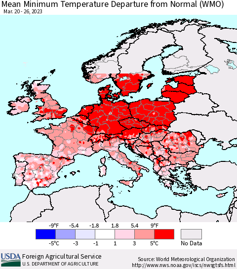 Europe Mean Minimum Temperature Departure from Normal (WMO) Thematic Map For 3/20/2023 - 3/26/2023