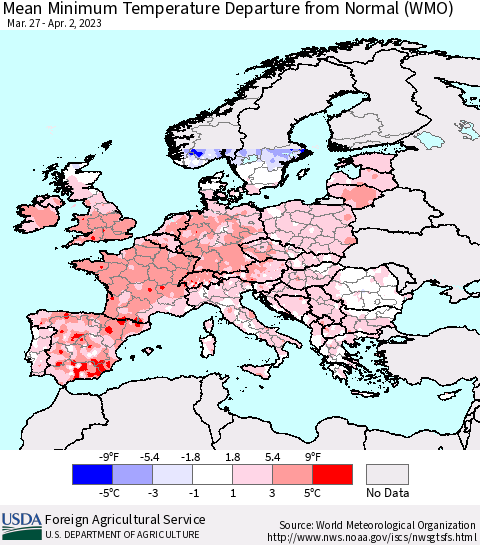 Europe Mean Minimum Temperature Departure from Normal (WMO) Thematic Map For 3/27/2023 - 4/2/2023