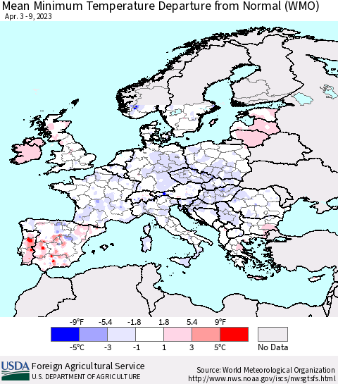 Europe Mean Minimum Temperature Departure from Normal (WMO) Thematic Map For 4/3/2023 - 4/9/2023