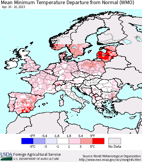 Europe Mean Minimum Temperature Departure from Normal (WMO) Thematic Map For 4/10/2023 - 4/16/2023