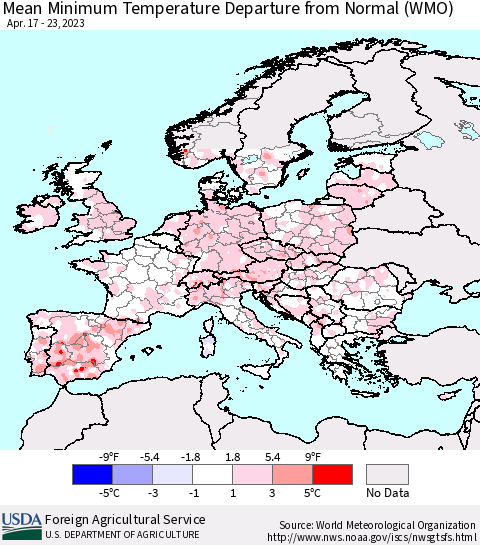 Europe Mean Minimum Temperature Departure from Normal (WMO) Thematic Map For 4/17/2023 - 4/23/2023