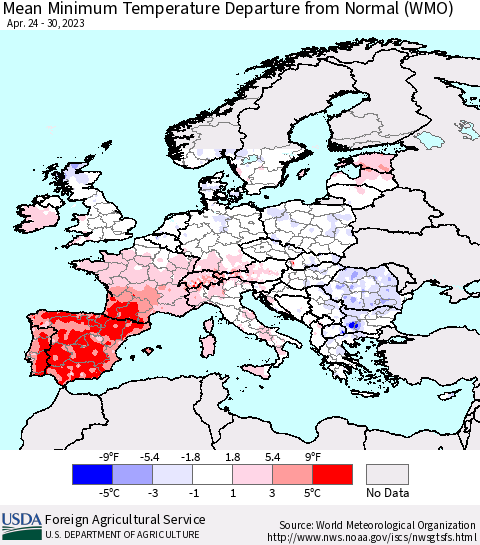 Europe Mean Minimum Temperature Departure from Normal (WMO) Thematic Map For 4/24/2023 - 4/30/2023