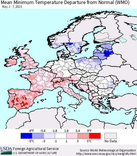 Europe Mean Minimum Temperature Departure from Normal (WMO) Thematic Map For 5/1/2023 - 5/7/2023