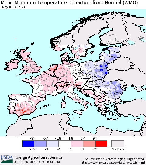 Europe Mean Minimum Temperature Departure from Normal (WMO) Thematic Map For 5/8/2023 - 5/14/2023