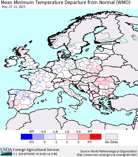 Europe Mean Minimum Temperature Departure from Normal (WMO) Thematic Map For 5/15/2023 - 5/21/2023
