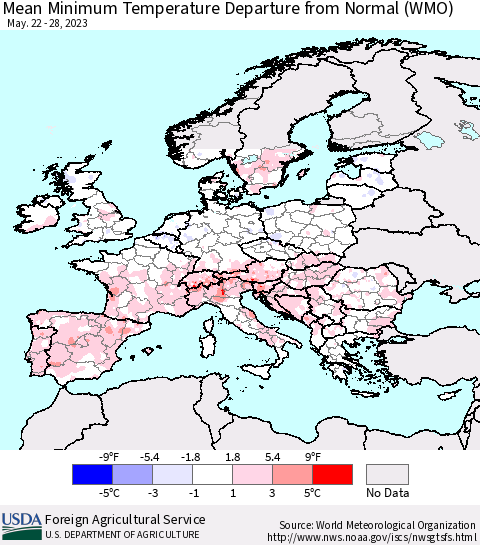 Europe Mean Minimum Temperature Departure from Normal (WMO) Thematic Map For 5/22/2023 - 5/28/2023