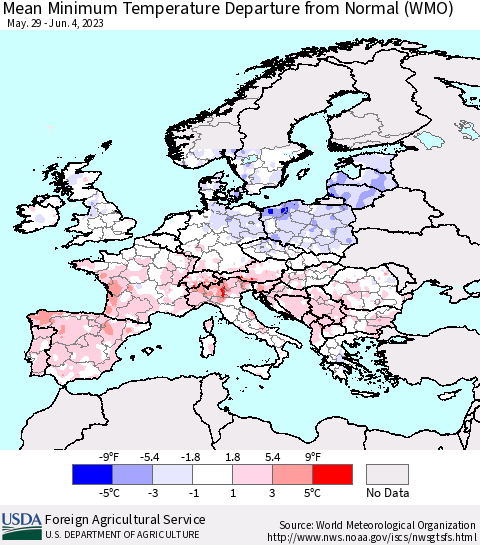 Europe Mean Minimum Temperature Departure from Normal (WMO) Thematic Map For 5/29/2023 - 6/4/2023