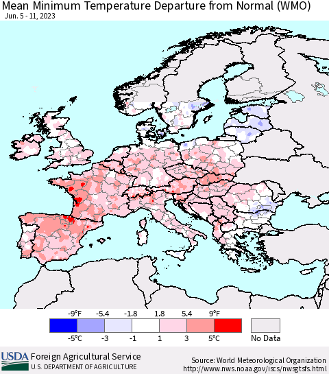 Europe Mean Minimum Temperature Departure from Normal (WMO) Thematic Map For 6/5/2023 - 6/11/2023
