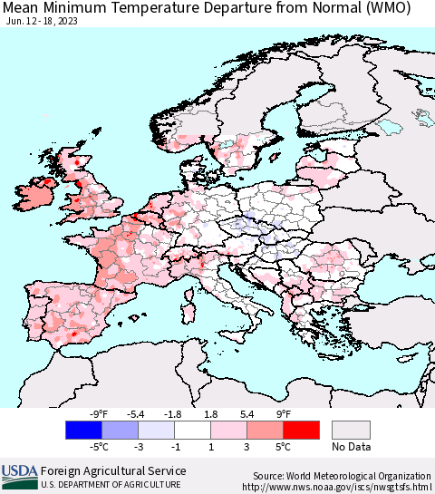Europe Mean Minimum Temperature Departure from Normal (WMO) Thematic Map For 6/12/2023 - 6/18/2023