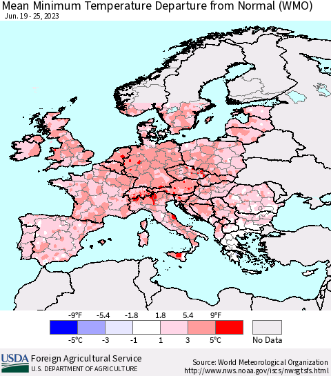 Europe Mean Minimum Temperature Departure from Normal (WMO) Thematic Map For 6/19/2023 - 6/25/2023