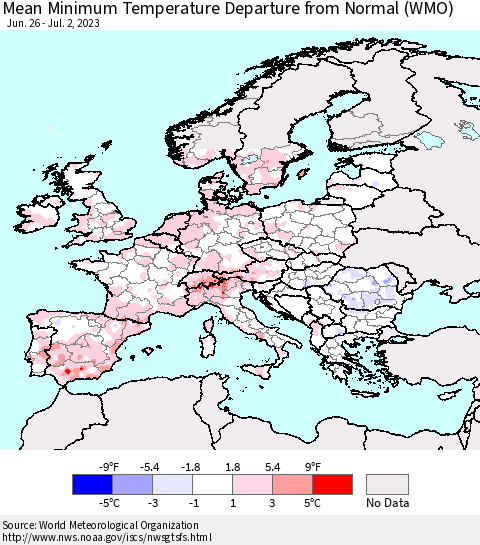 Europe Mean Minimum Temperature Departure from Normal (WMO) Thematic Map For 6/26/2023 - 7/2/2023