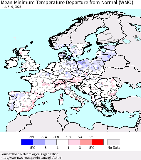 Europe Mean Minimum Temperature Departure from Normal (WMO) Thematic Map For 7/3/2023 - 7/9/2023