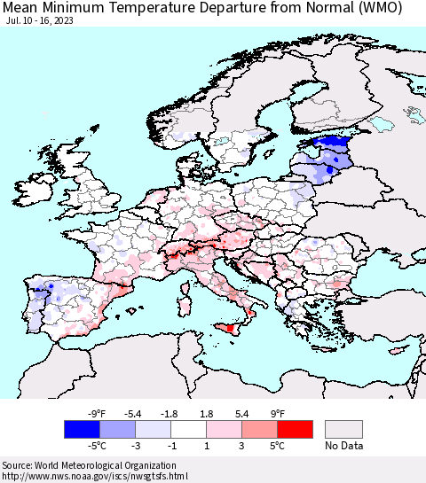 Europe Mean Minimum Temperature Departure from Normal (WMO) Thematic Map For 7/10/2023 - 7/16/2023