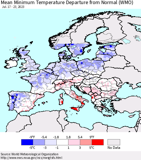 Europe Mean Minimum Temperature Departure from Normal (WMO) Thematic Map For 7/17/2023 - 7/23/2023
