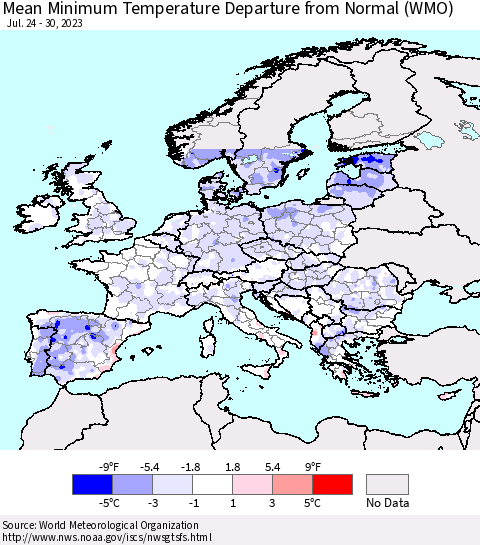 Europe Mean Minimum Temperature Departure from Normal (WMO) Thematic Map For 7/24/2023 - 7/30/2023
