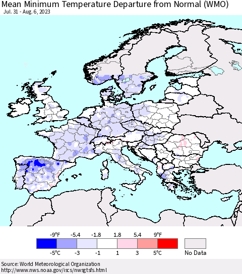 Europe Mean Minimum Temperature Departure from Normal (WMO) Thematic Map For 7/31/2023 - 8/6/2023