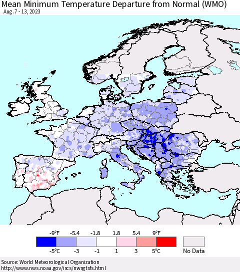 Europe Mean Minimum Temperature Departure from Normal (WMO) Thematic Map For 8/7/2023 - 8/13/2023