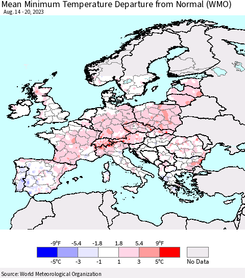 Europe Mean Minimum Temperature Departure from Normal (WMO) Thematic Map For 8/14/2023 - 8/20/2023